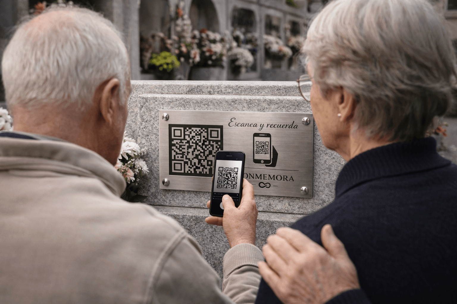 Persona escaneando código QR del memorial con smartphone para ver biografía y fotos